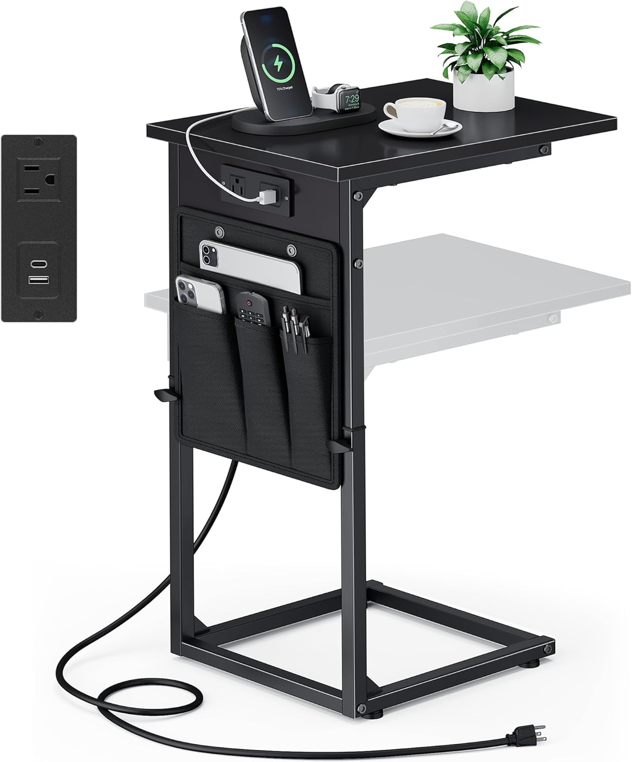Adjustable C-Shaped End Table with Charging - Black