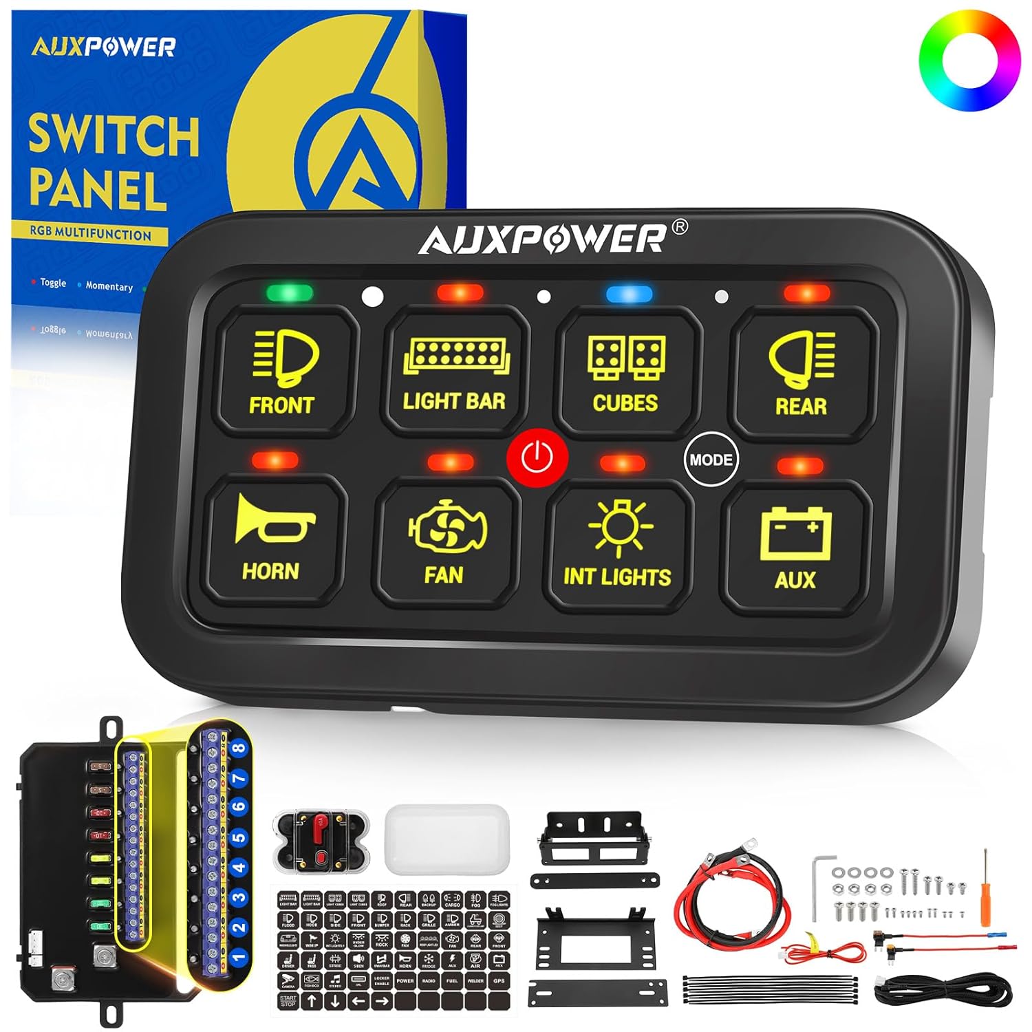 Auxpower 8 Gang Switch Panel A28 with RGB Control for Vehicles
