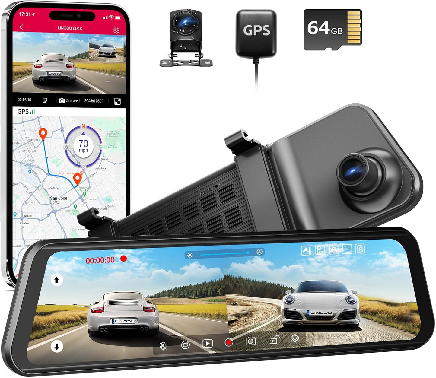 LINGDU 4K Dual Dash Cam: WiFi, GPS, Voice Control