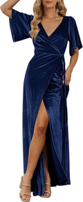 Women's Velvet V Neck Wrap Maxi Dress - Elegant Bell Sleeve Fit