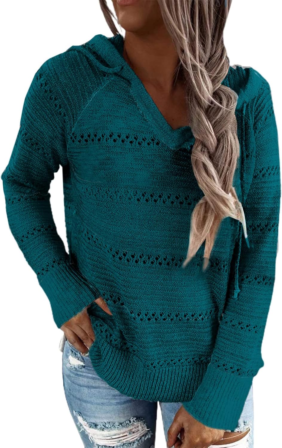 BLENCOT Women Color Block Hooded Crochet Striped Sweaters