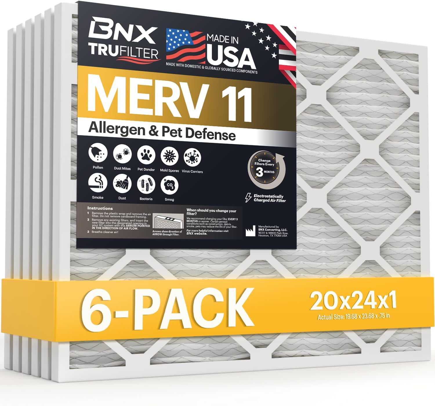BNX TruFilter 20x24x1 Air Filter MERV 11 for Cleaner Air