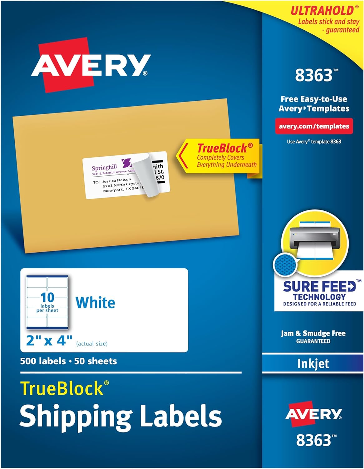 Avery Printable Shipping Labels with Sure Feed Technology, 500 Pack
