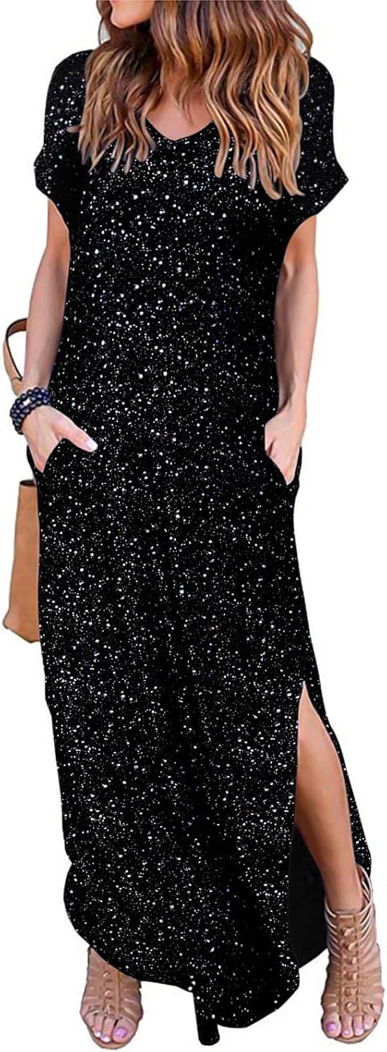 HUSKARY Women's Summer Maxi Dress with Pockets and Split Design