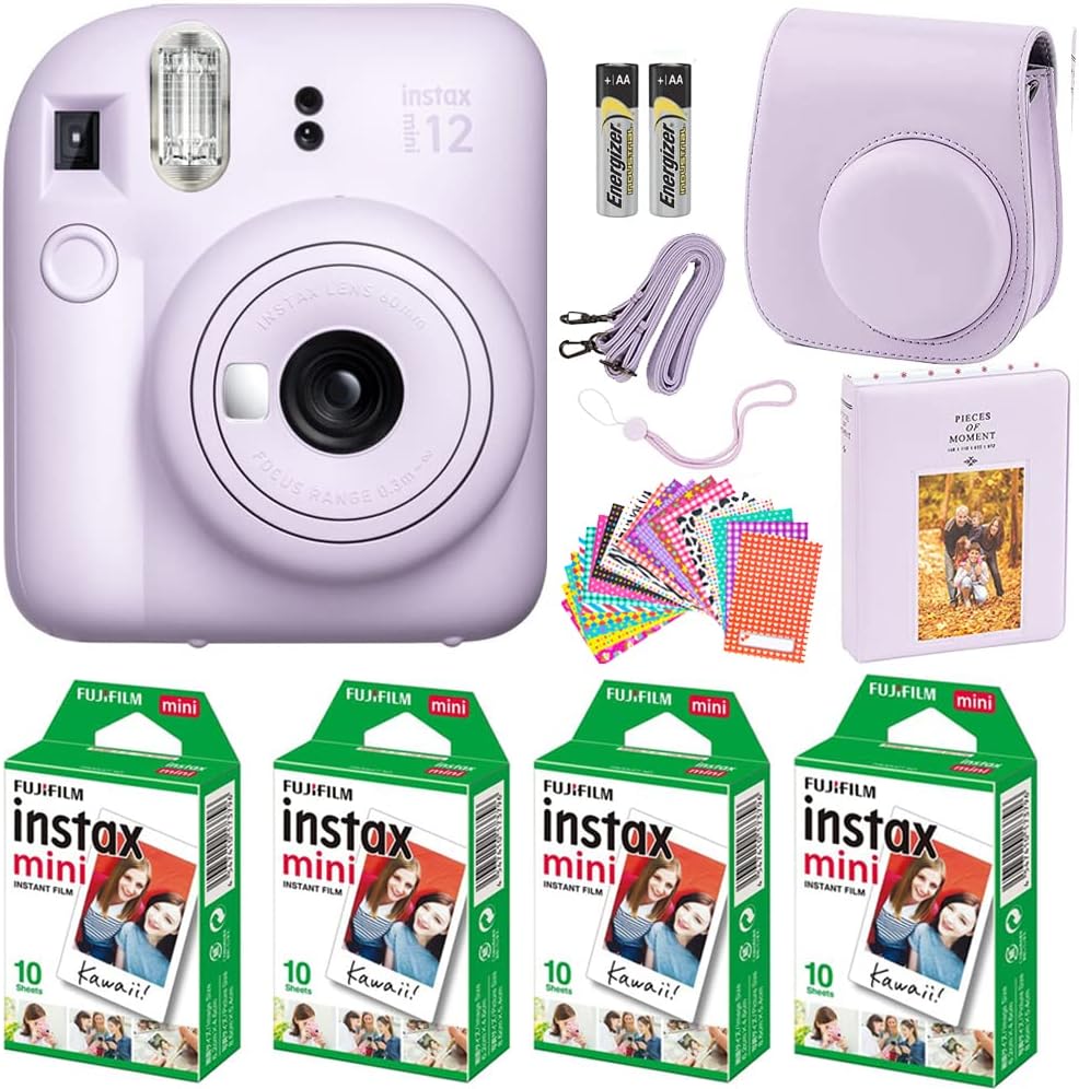Fujifilm Instax Mini 12 Camera Bundle: Pastel Blue + 40 Film Sheets & Fun Accessories