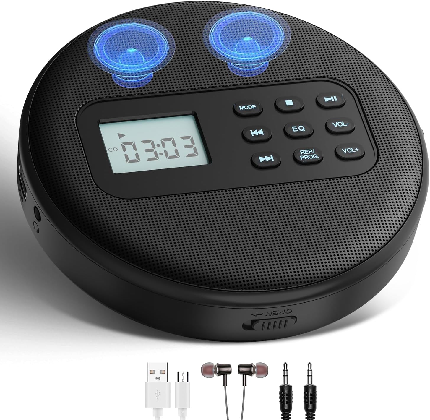 Portable Rechargeable CD Player w/ Speakers - Anti-Skip, Headphones, MP3/CD/USB