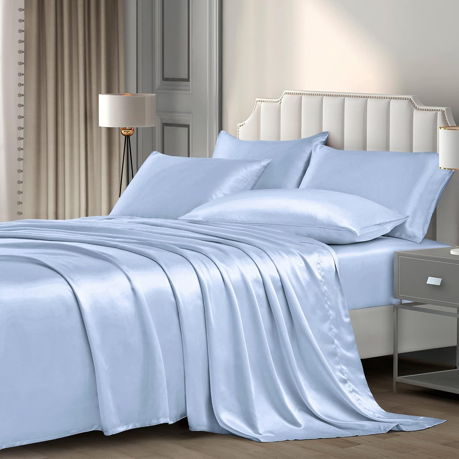 Luxury Baby Blue Satin Sheets Set for King Size Bedding