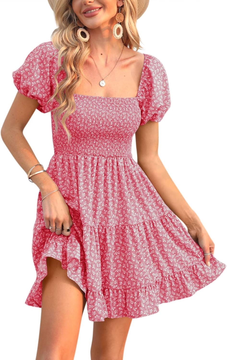 Veatzaer Women's Puff Sleeve Square Neck Smocked Dress Review