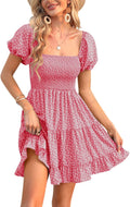 Veatzaer Puff Sleeve Square Neck Smocked Babydoll Dress