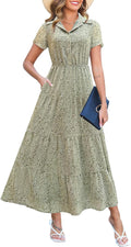 Kranda Women Collared V Neck Tiered Floral Maxi Dress - Flowy Summer