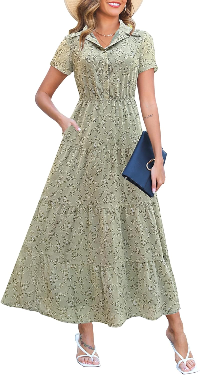 Kranda Women Summer Fall Collared V Neck Floral Maxi Dress