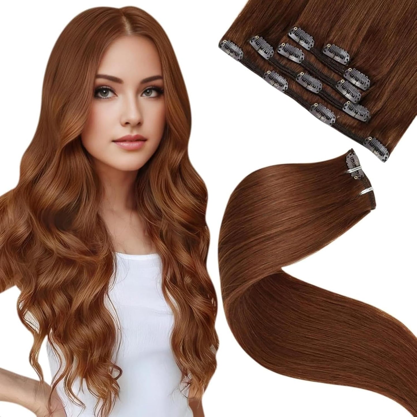 LaaVoo Clip in Hair Extensions 18 Inch Auburn Brown Volume Boost