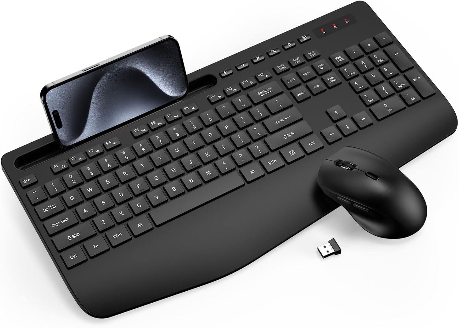 Full-Sized Ergonomic Wireless Keyboard & Mouse Set - Silent 2.4GHz, Wrist Rest, Phone Holder -Trueque