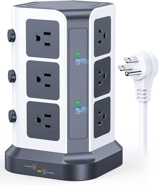 KOOSLA 65W Power Strip Tower: 12 Outlets + USB-C/USB-A Ports
