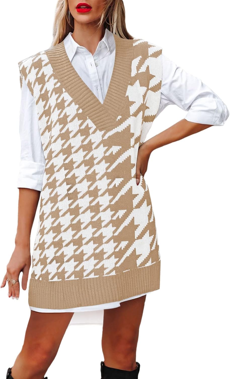 Viottiset Women's Oversized V Neck Knit Sweater Vest Tunic