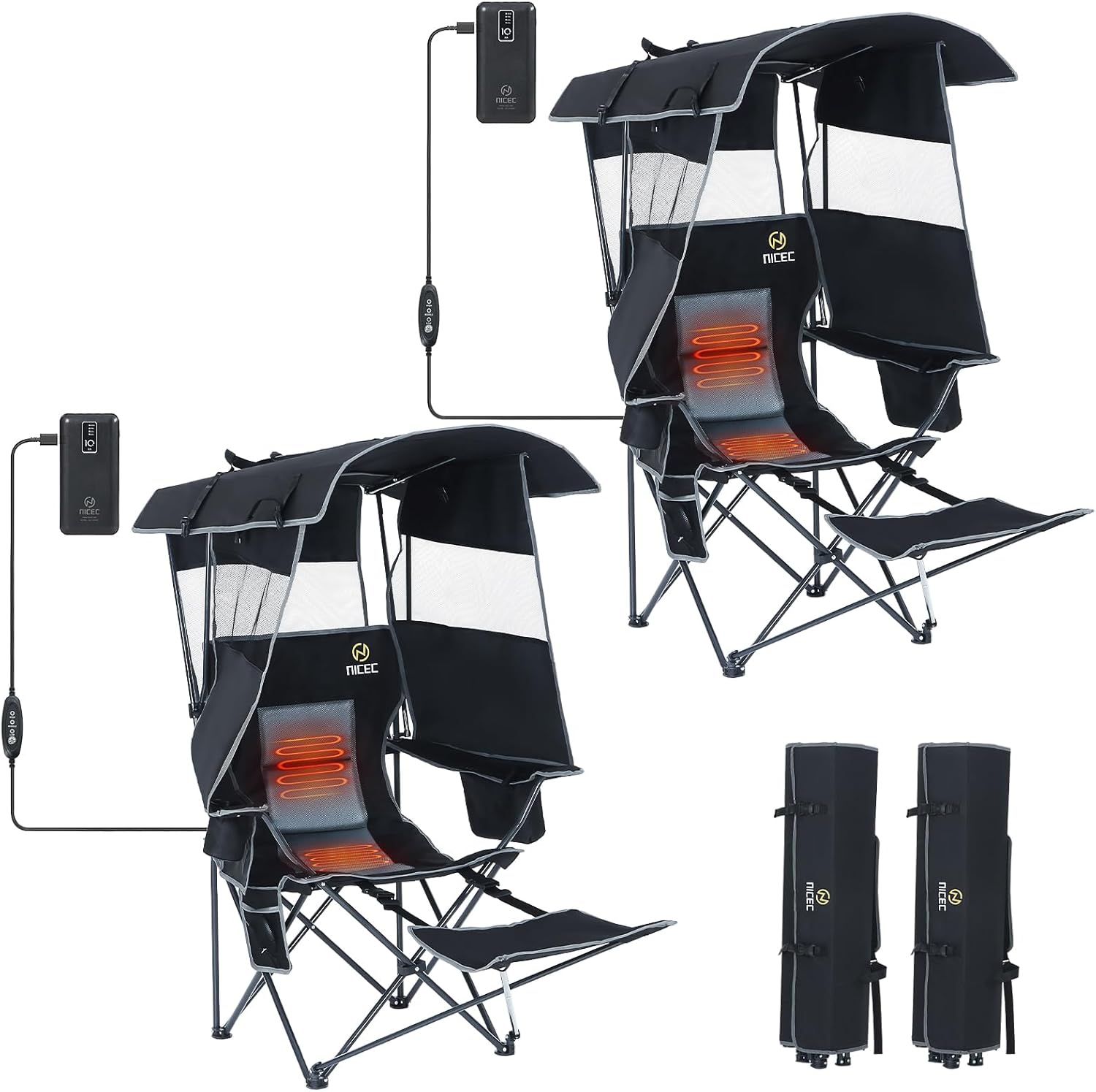 Heated Camping Chair with Canopy and Removable Footrest for Comfort