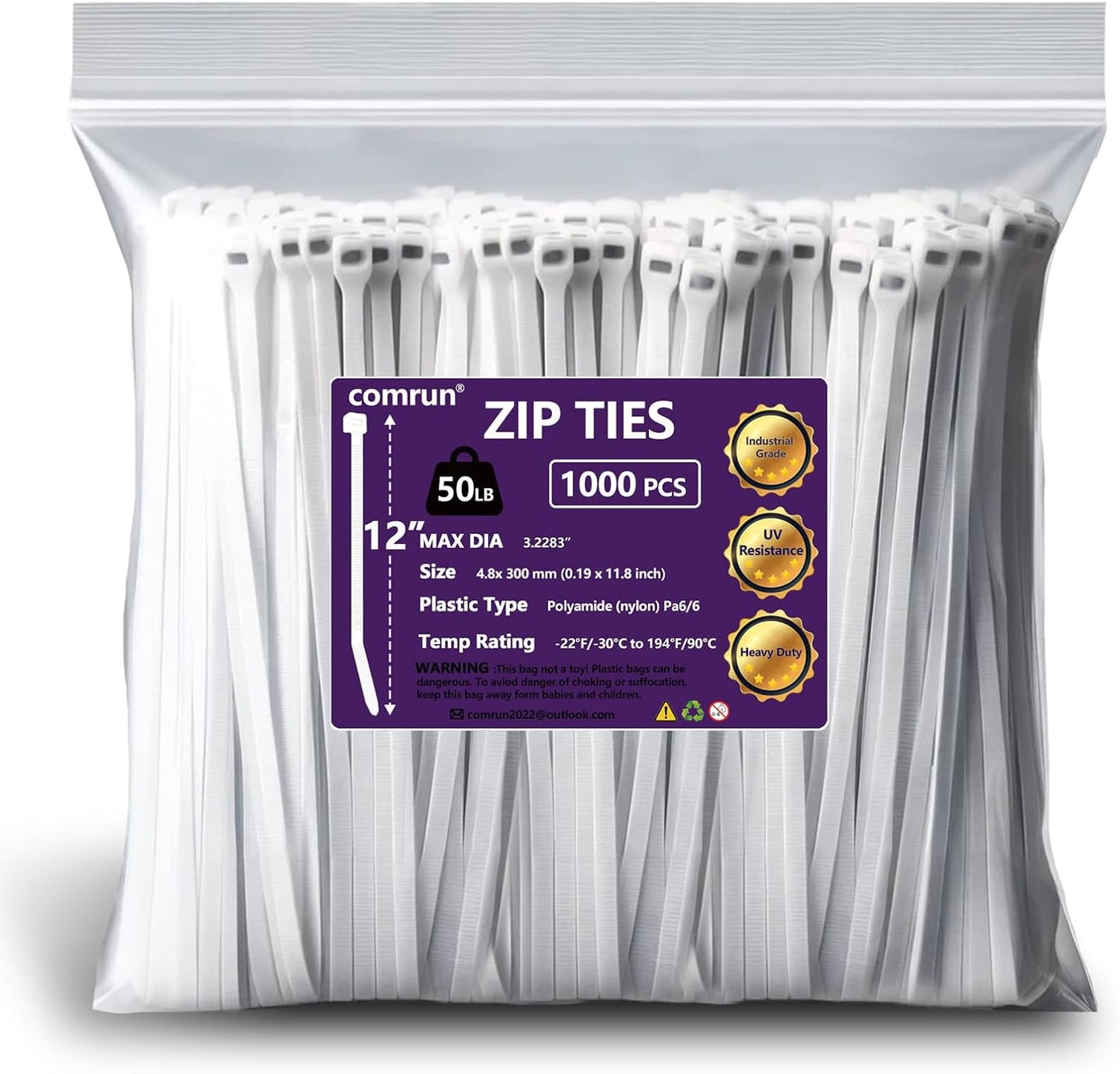 COMRUN 1000pcs 12 White Nylon Zip Ties - Strong & UV Resistant