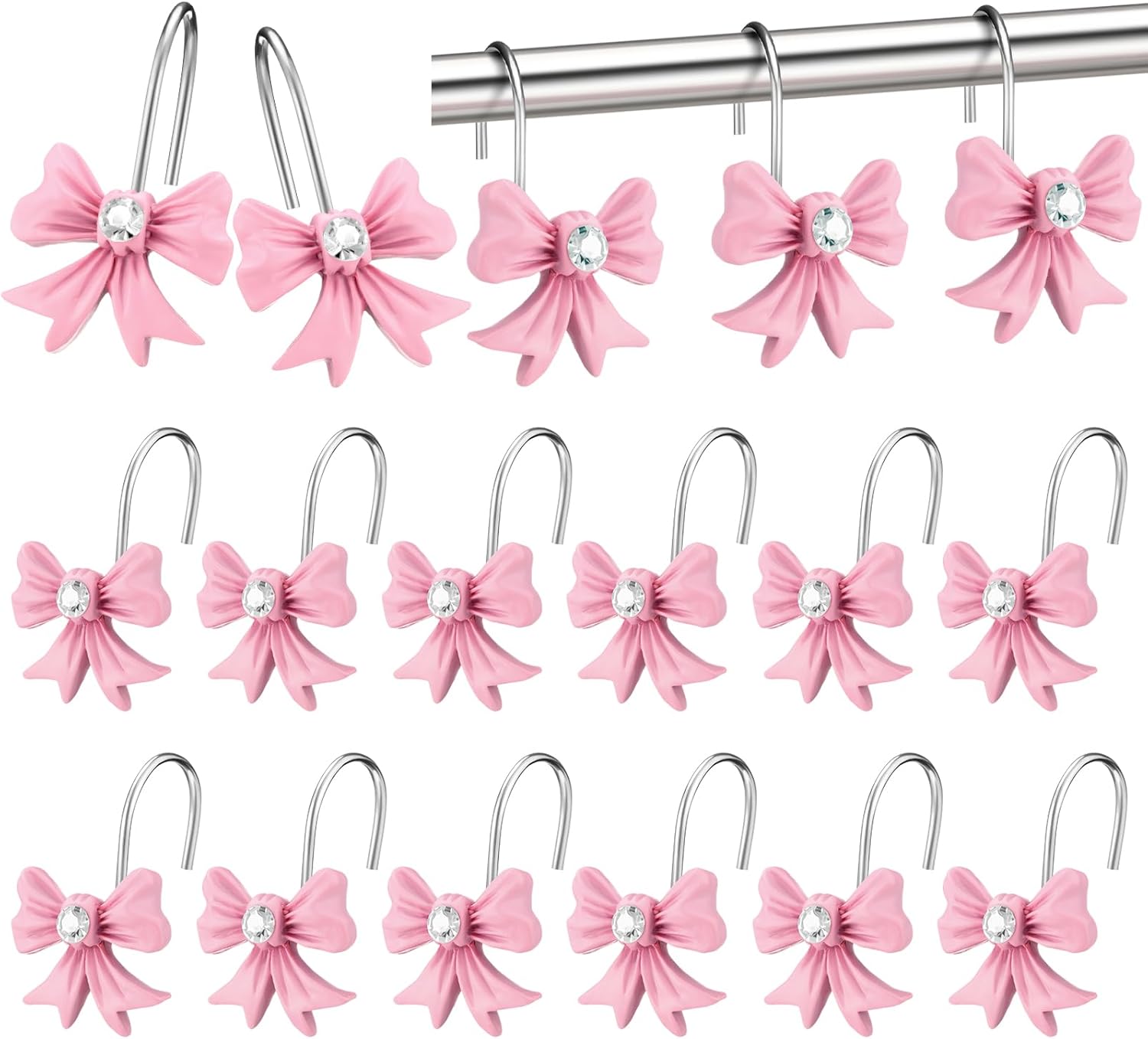 12 Pink Bow Knot Shower Hooks - Elegant Bathroom Decor