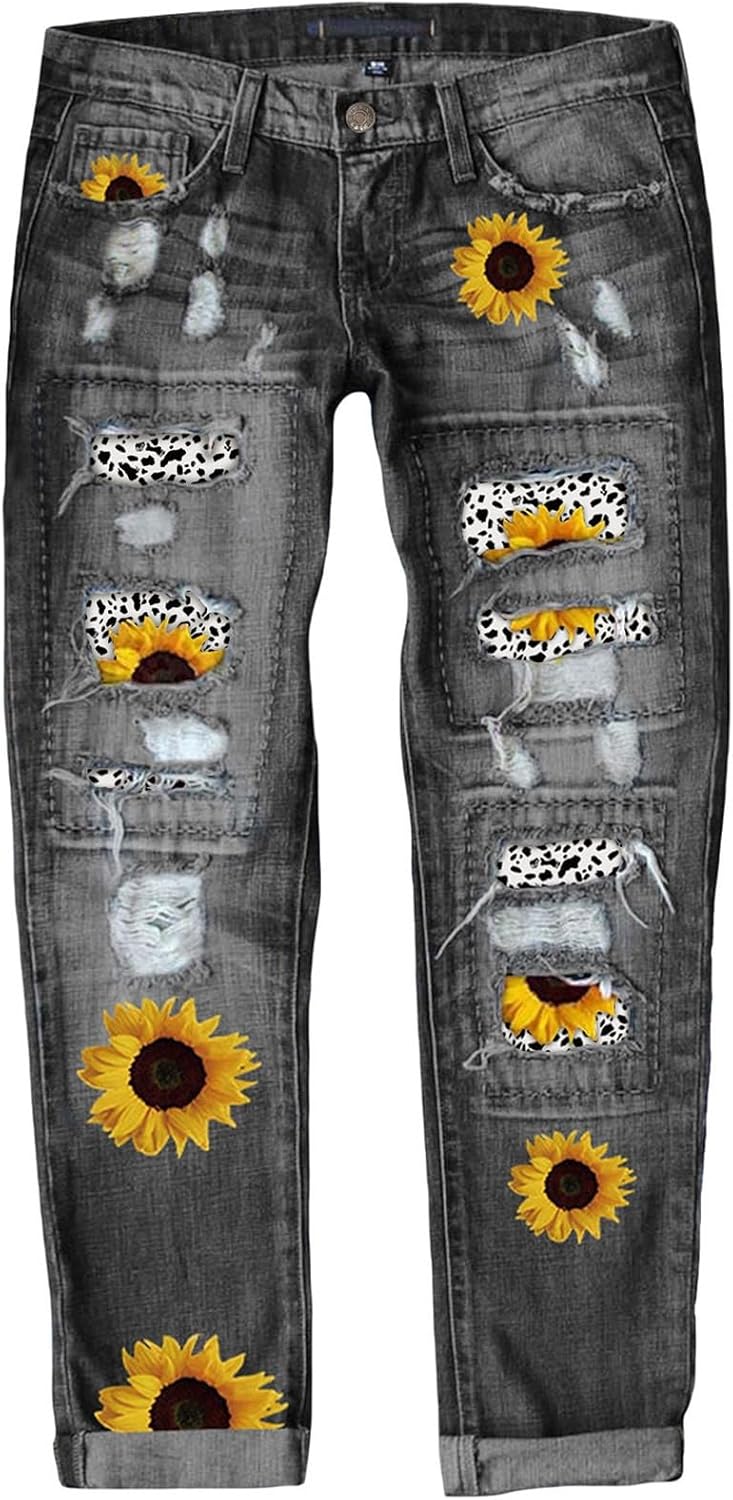 Astylish Womens Plaid Patch Ripped Boyfriend Distressed Jeans