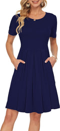 Women's Short Sleeve Knee Length Swing Dress with Pockets - Soft