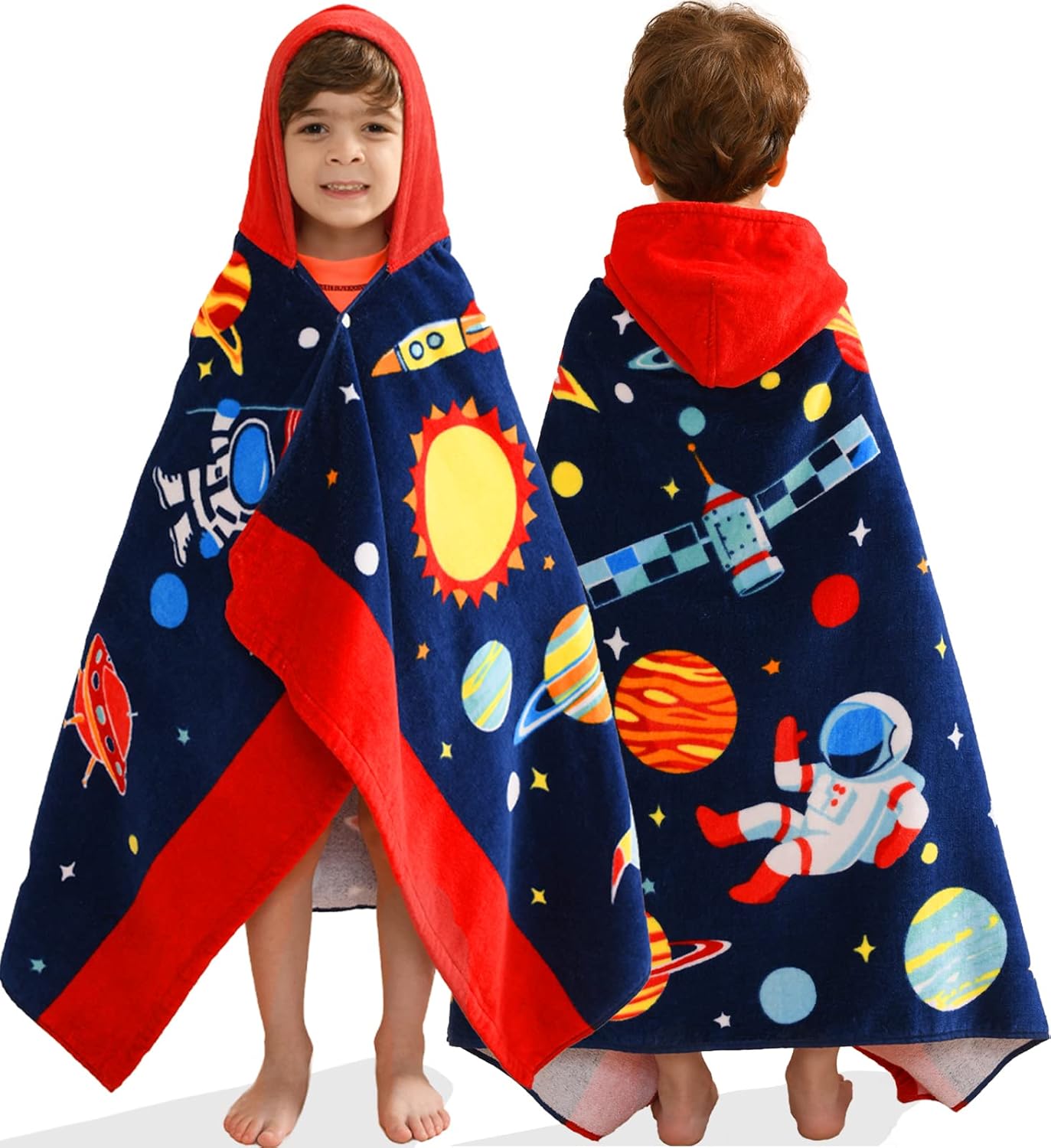 Kids Hooded Towels for Ages 3-10, Soft Cotton Space Theme
