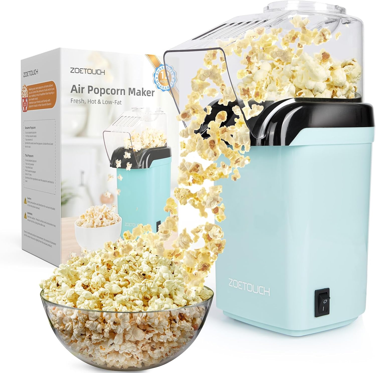 ZOETOUCH 1200W Hot Air Popcorn Popper - No Oil, High Capacity, Perfect for Movie Night