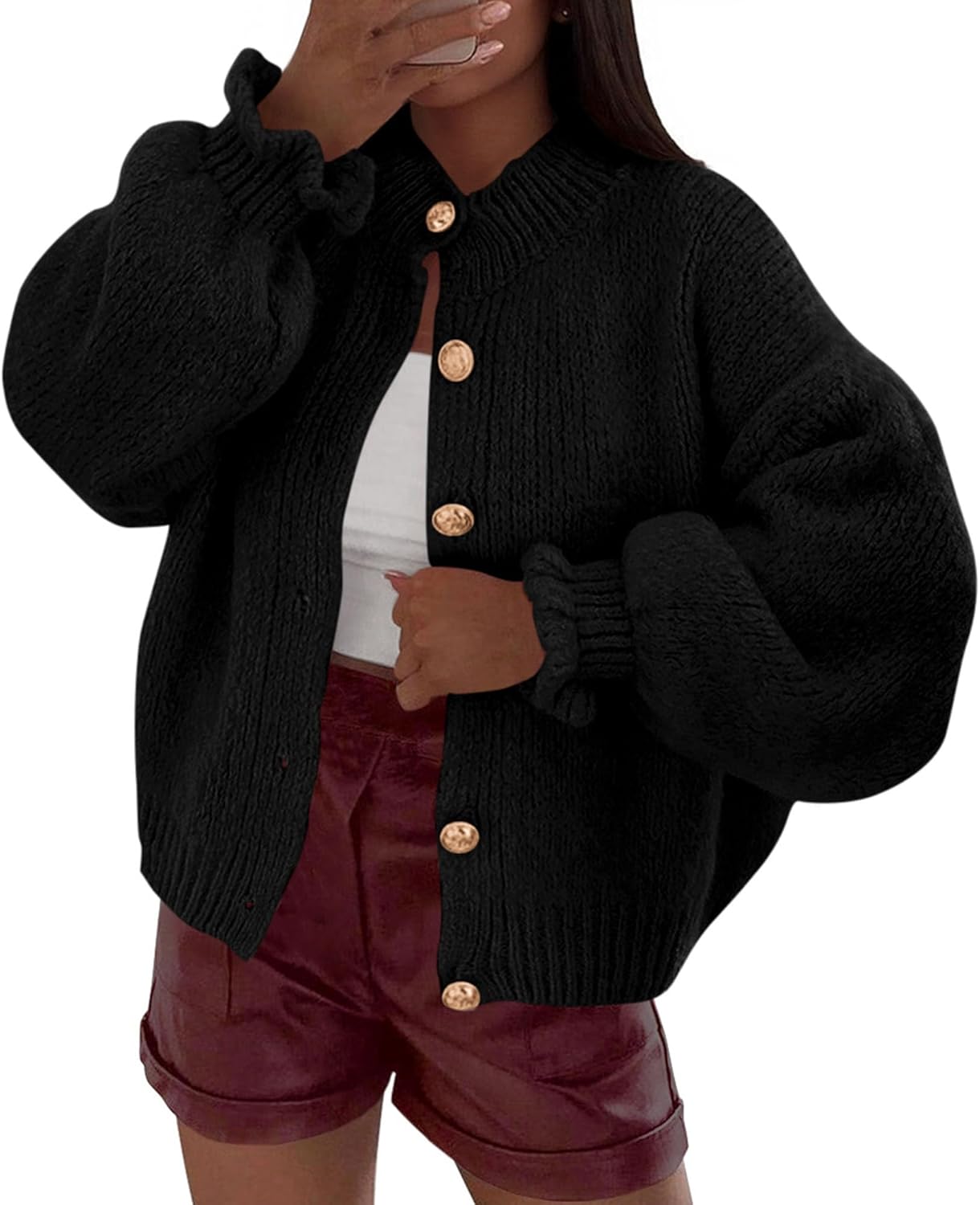 Trendy Ruffle Open Front Chunky Knit Sweater for Women