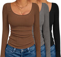 Ekouaer Long Sleeve Shirts for Women Scoop Neck Ribbed Tops