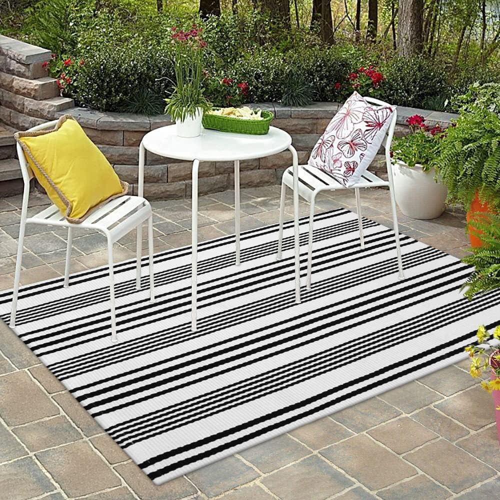 Black and White Striped Outdoor Rug for Modern Farmhouse Style