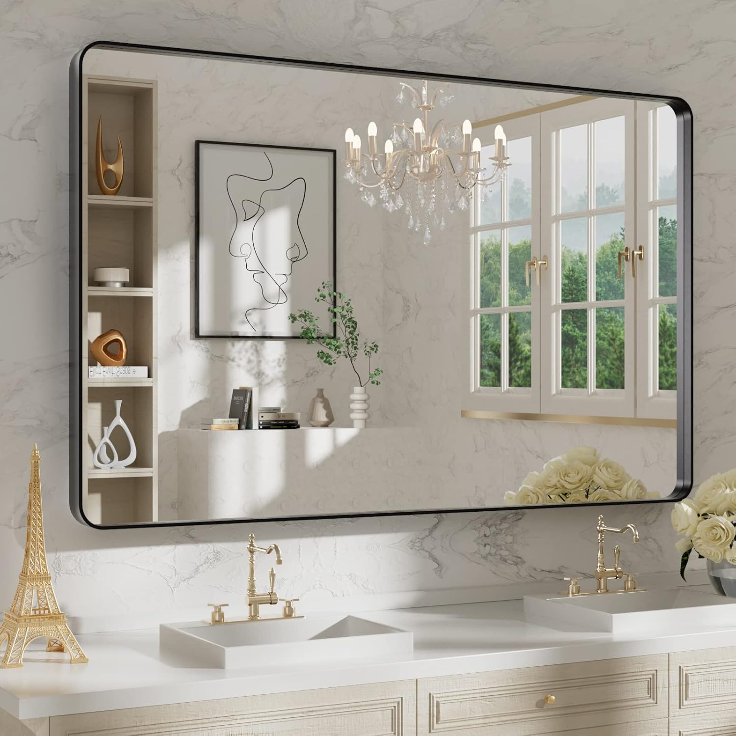 WEER 48X30 Inch Black Metal Framed Bathroom Mirror for Style