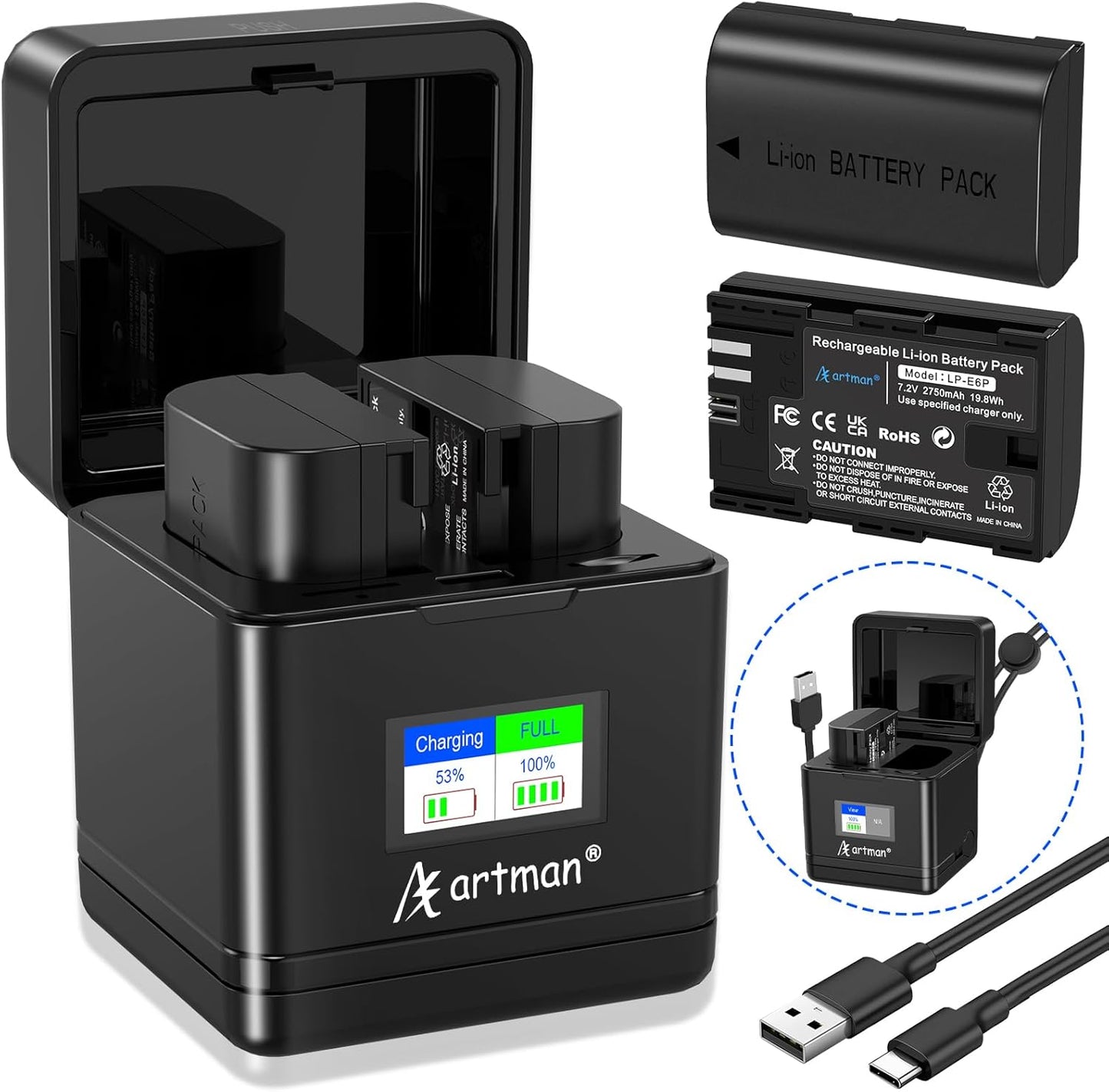 LP-E6P Battery 2750mAh 2-Pack with Dual USB Charger for Canon