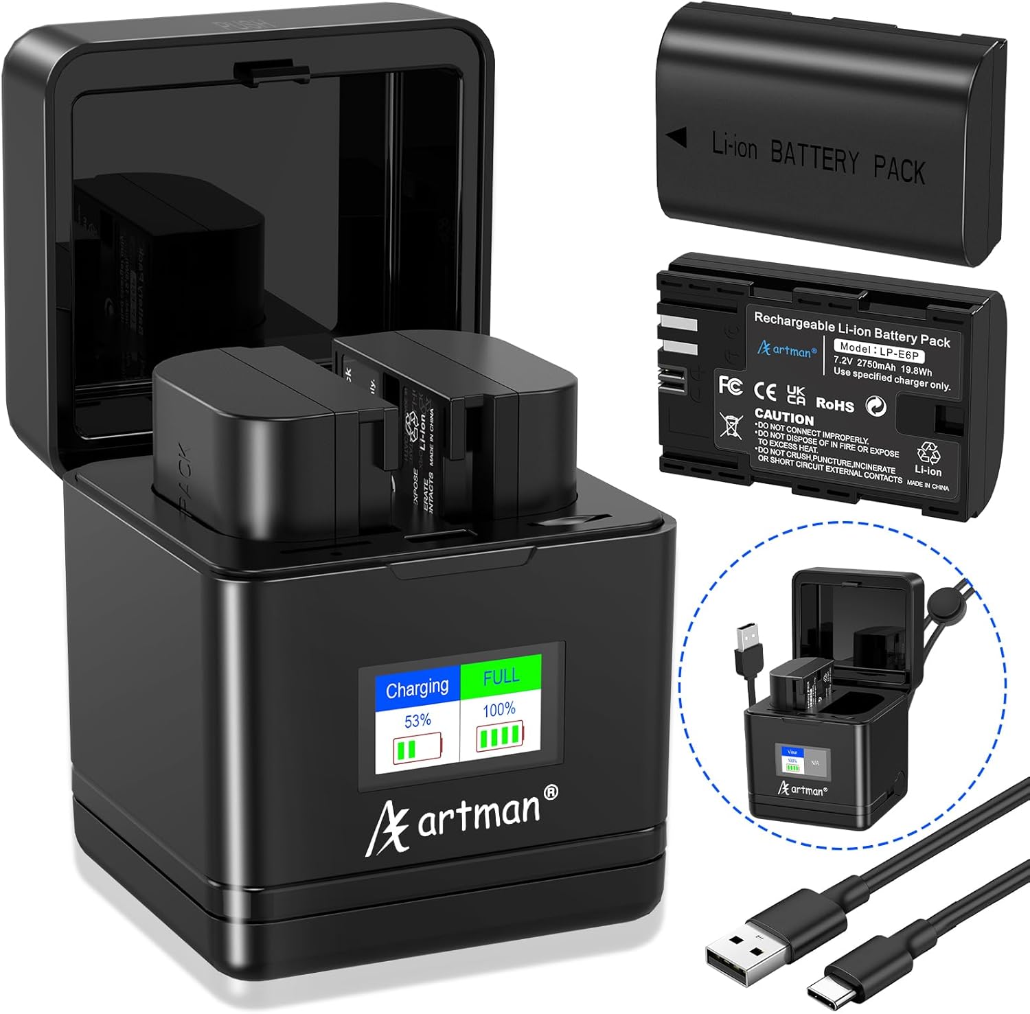 LP-E6P Battery 2750mAh 2-Pack with Dual USB Charger for Canon