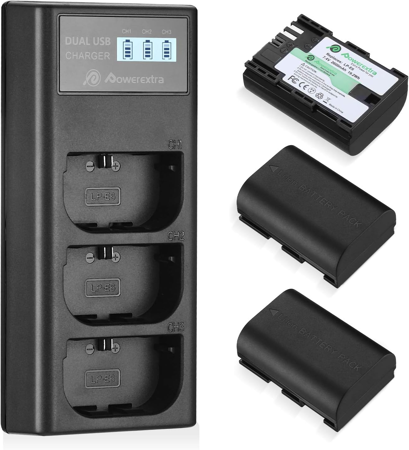 Powerextra LP-E6 Battery Pack with LCD Charger for Canon Cameras