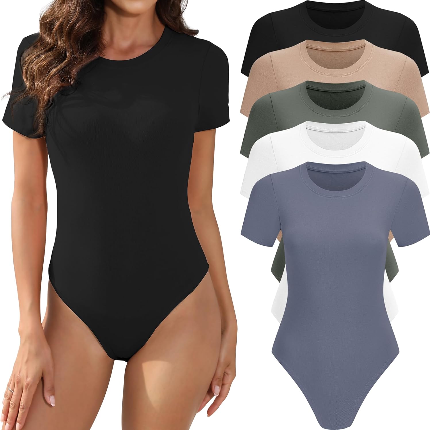 5 Pack Short Sleeve Bodysuits for Women - Casual Stretchy Tops
