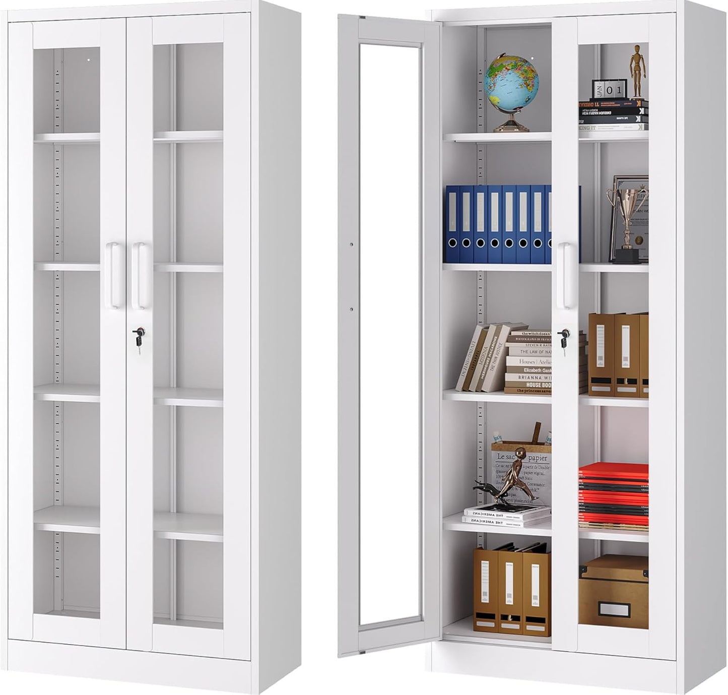 Metal Storage Cabinet with Lock and Glass Doors for Collectibles