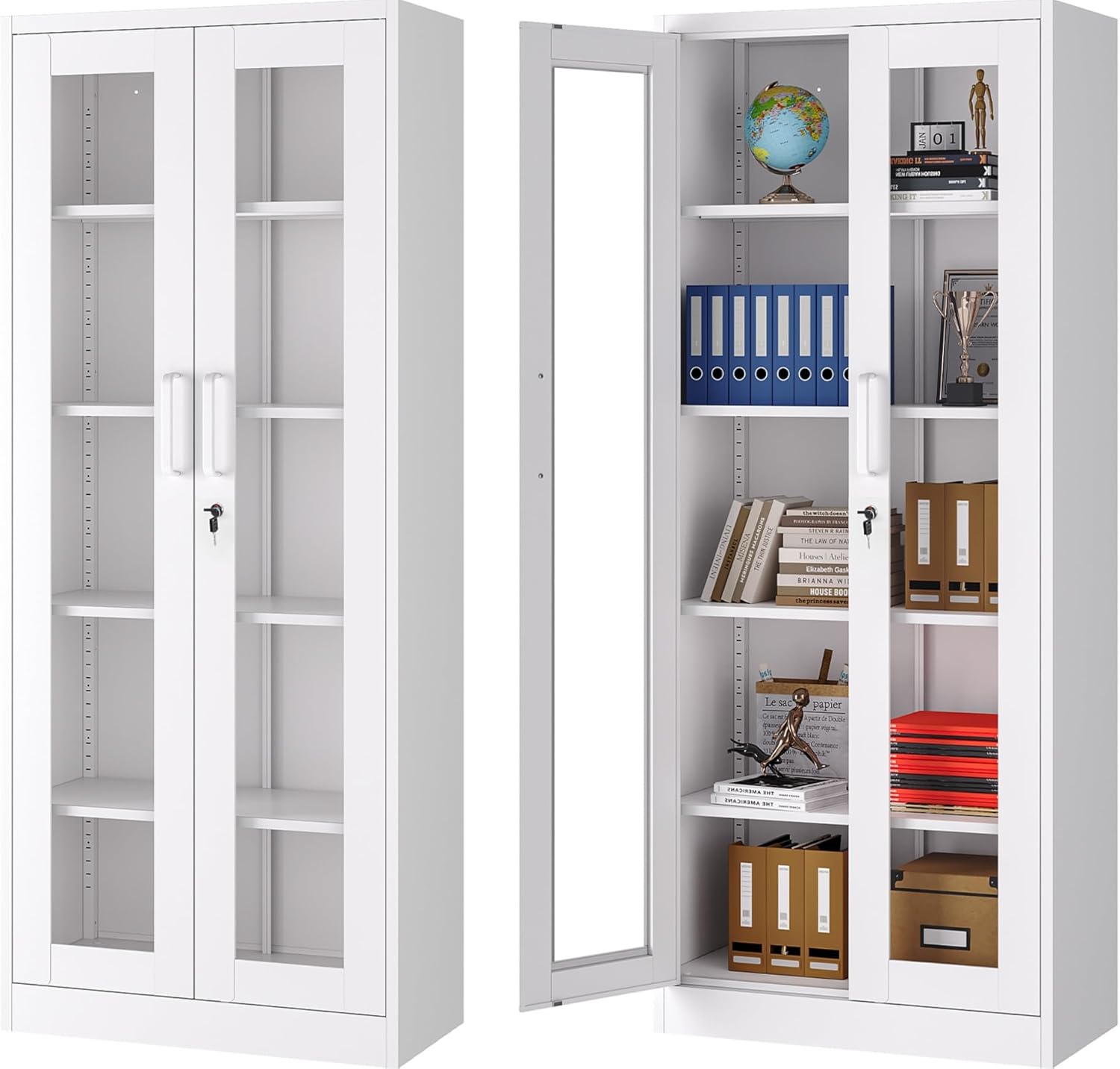 Metal Storage Cabinet with Lock and Glass Doors for Collectibles