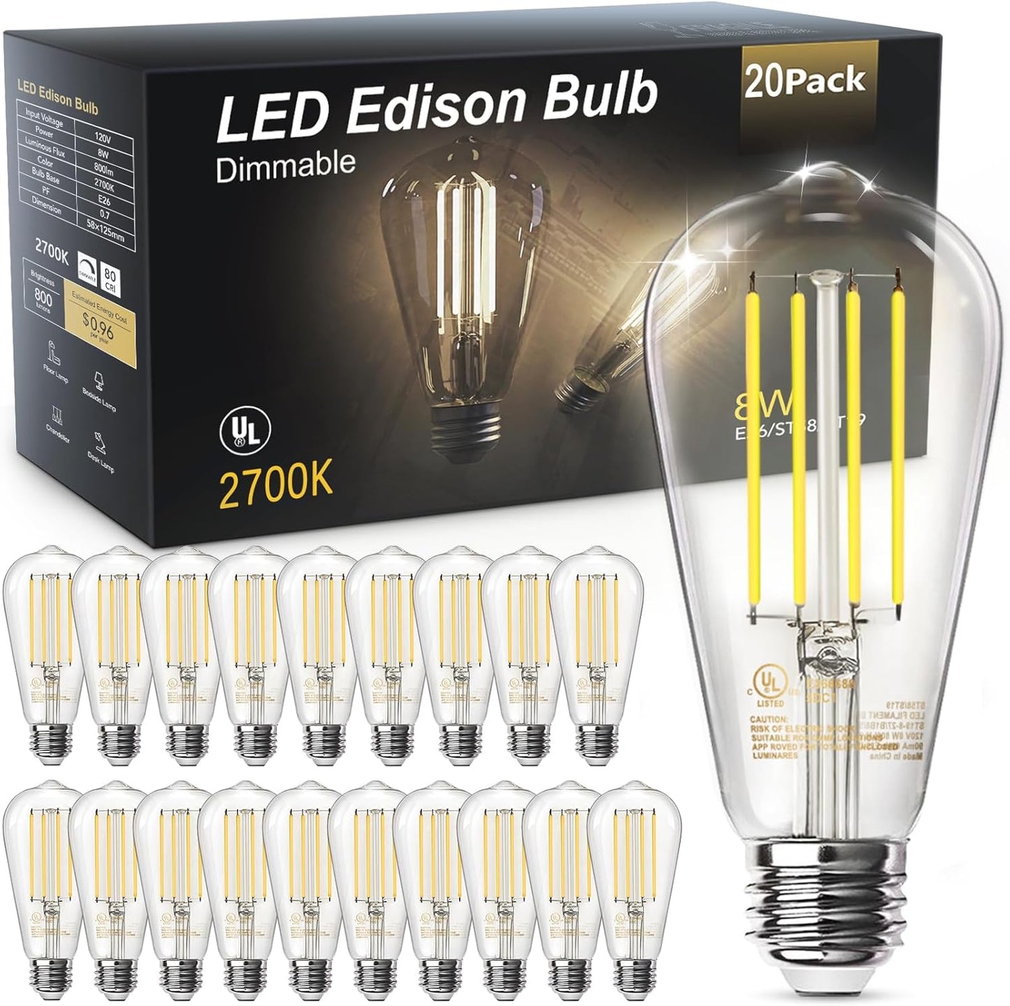 Vintage 8W ST58 LED Edison Light Bulbs for Home & Office