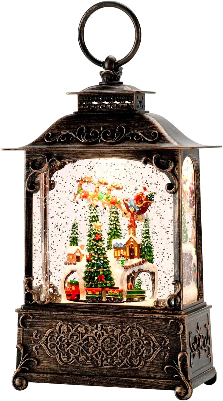 Christmas Village Snow Globe Lantern with Flying Santa Scene