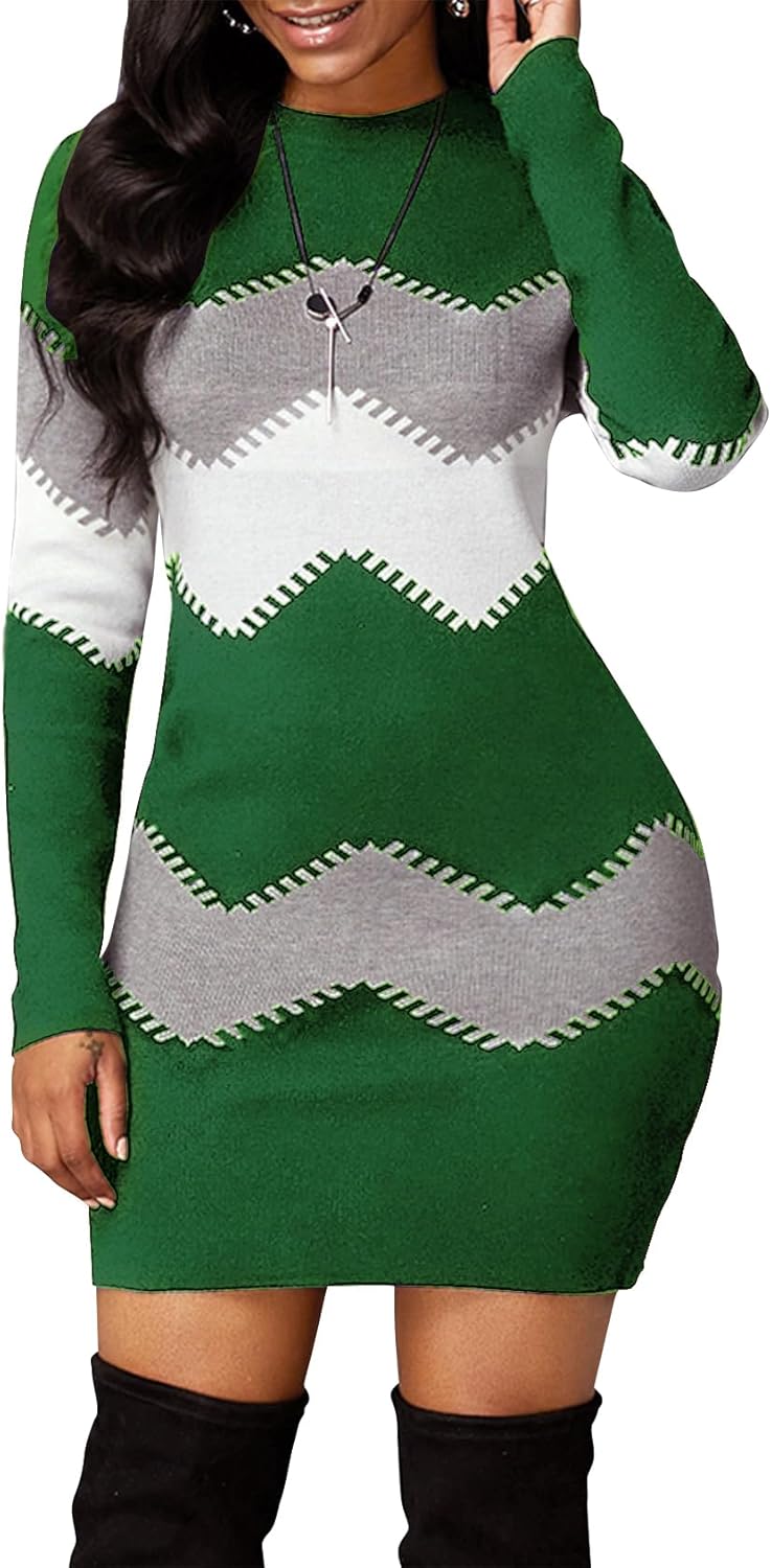 PEHMEA Women's Knitted Striped Bodycon Mini Sweater Dress
