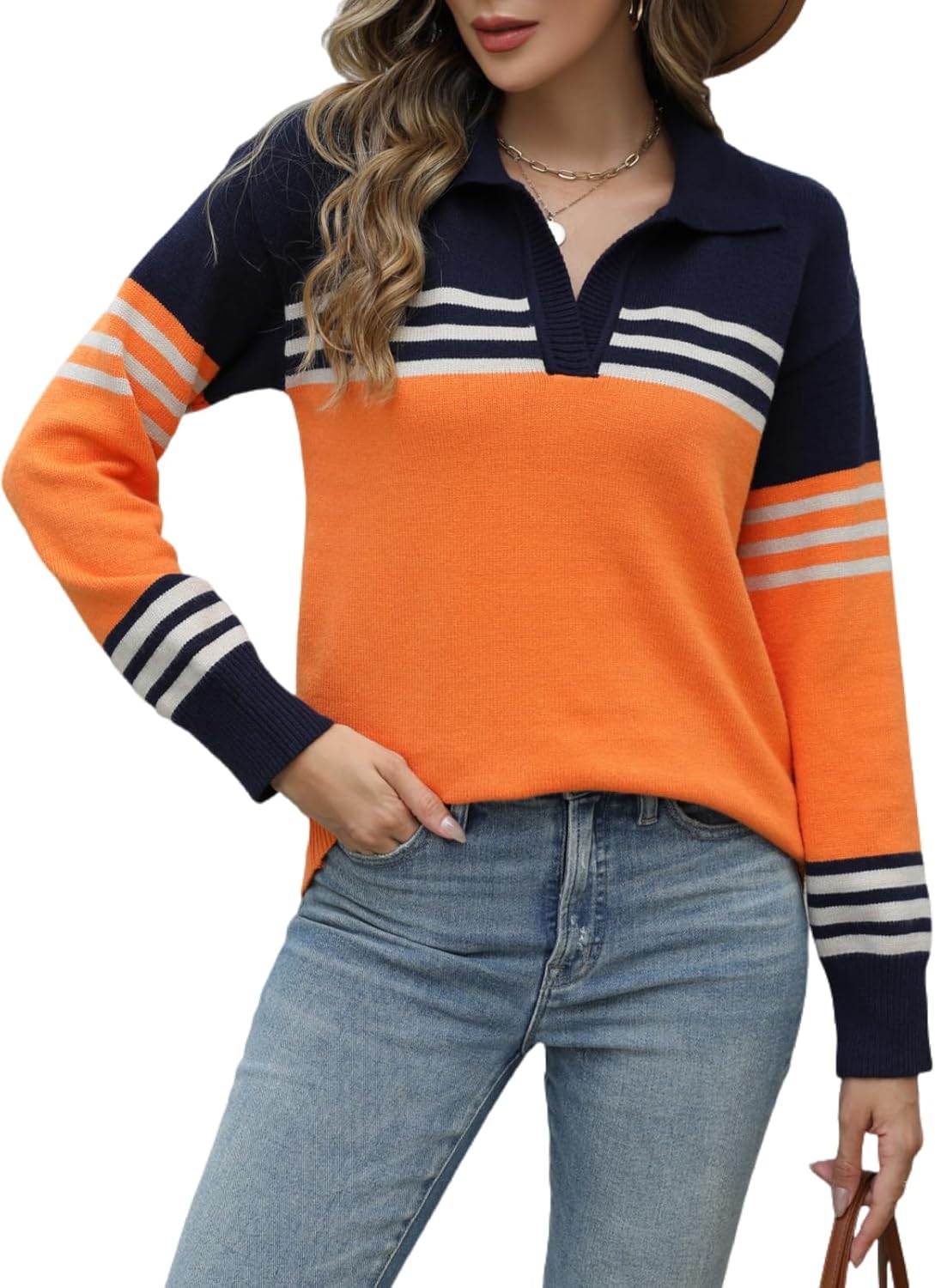 CiCiBird Women Fall V Neck Sweater Color Block Polo Shirt