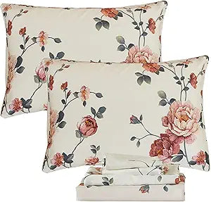 FADFAY Queen Size Floral Bedding Set in Shabby Beige Elegance