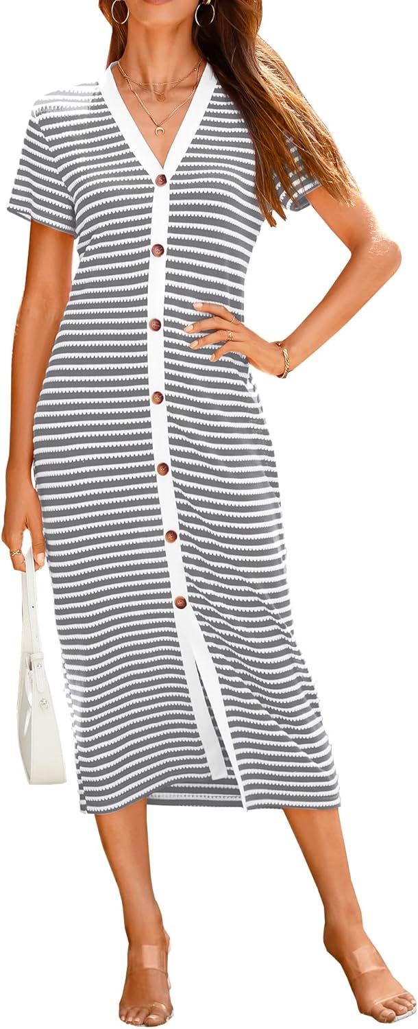 Casual Summer Dresses for Women - Short Sleeve Striped Midi