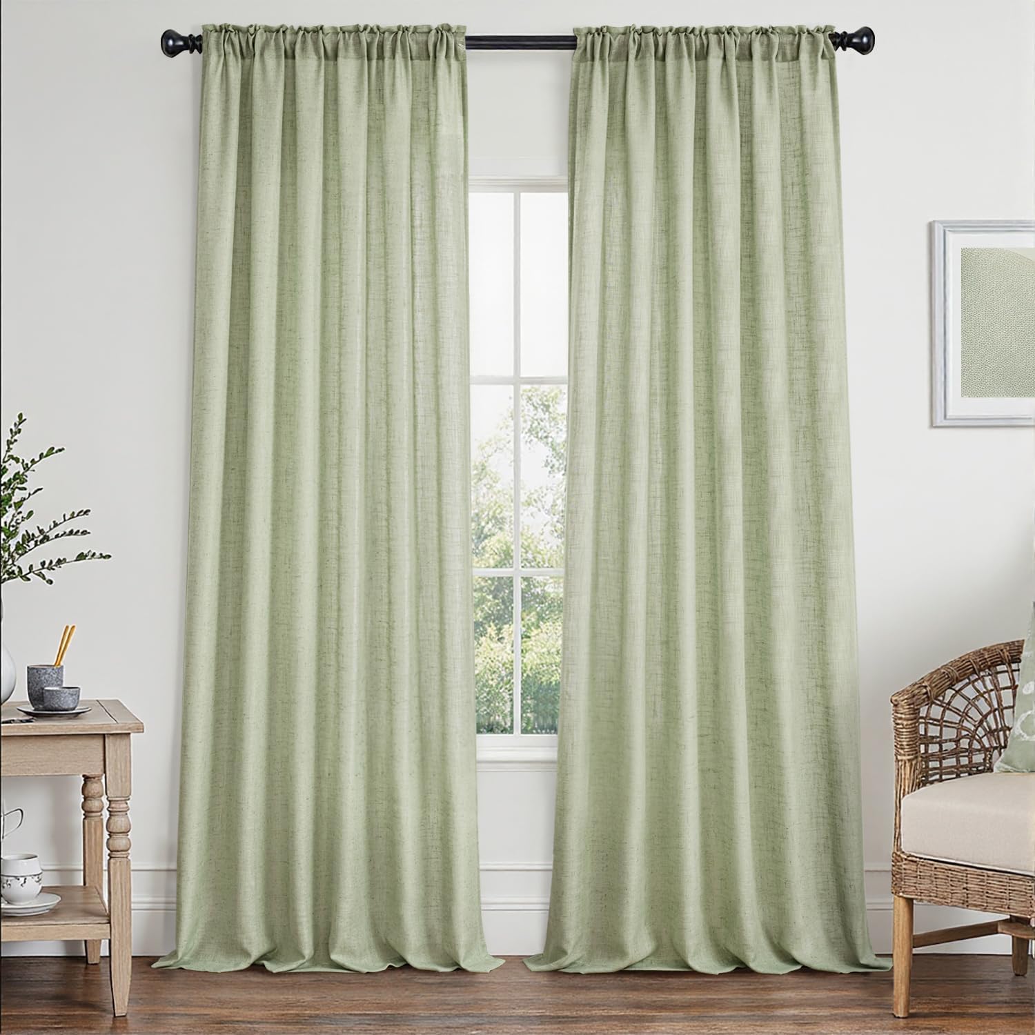 MIULEE Sage Green Linen Curtains 90 Inch Length for Home Decor