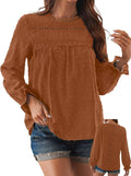 Womens Boho Tops Long Sleeve Swiss Dot Crochet Hollow Blouse