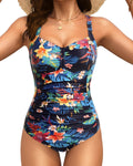 Tempt Me Women Black Blue Floral Ruched One Piece Swimsuit - Tummy