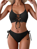 Women's Color Block Lace Up Bikini Set - Adjustable Tie Side