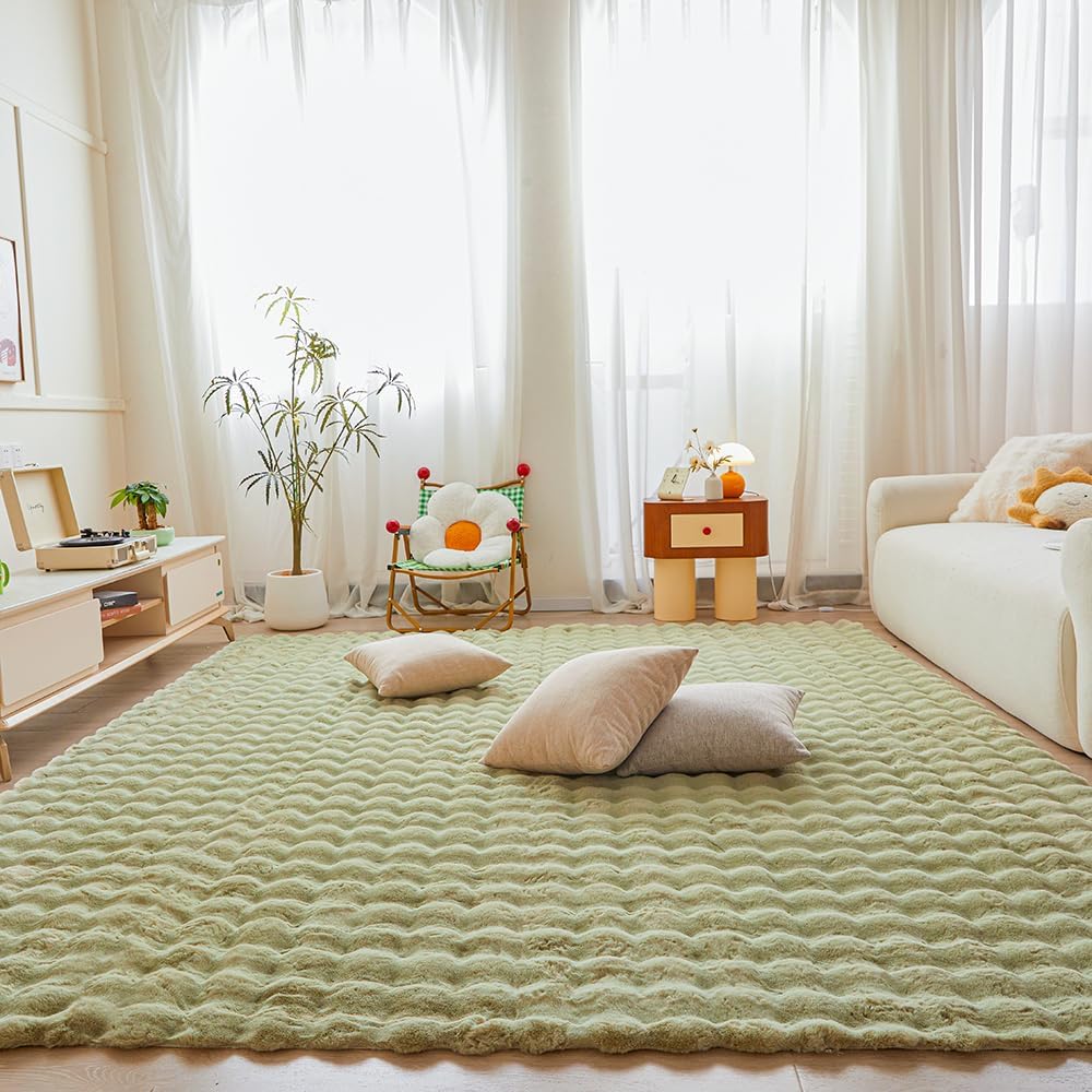 Light Green Rabbit Plush Area Rug for Bedroom Living Room Decor