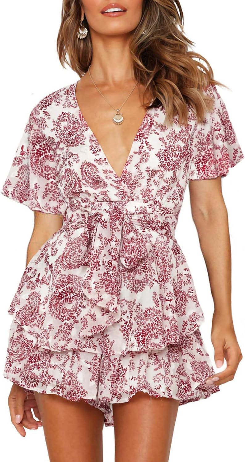 AIMCOO Women's Floral Print Deep V-Neck Romper for Summer Fun