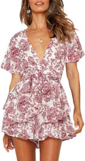 Women's Floral V-Neck Romper with Ruffle Hem - Waist Tie Fit