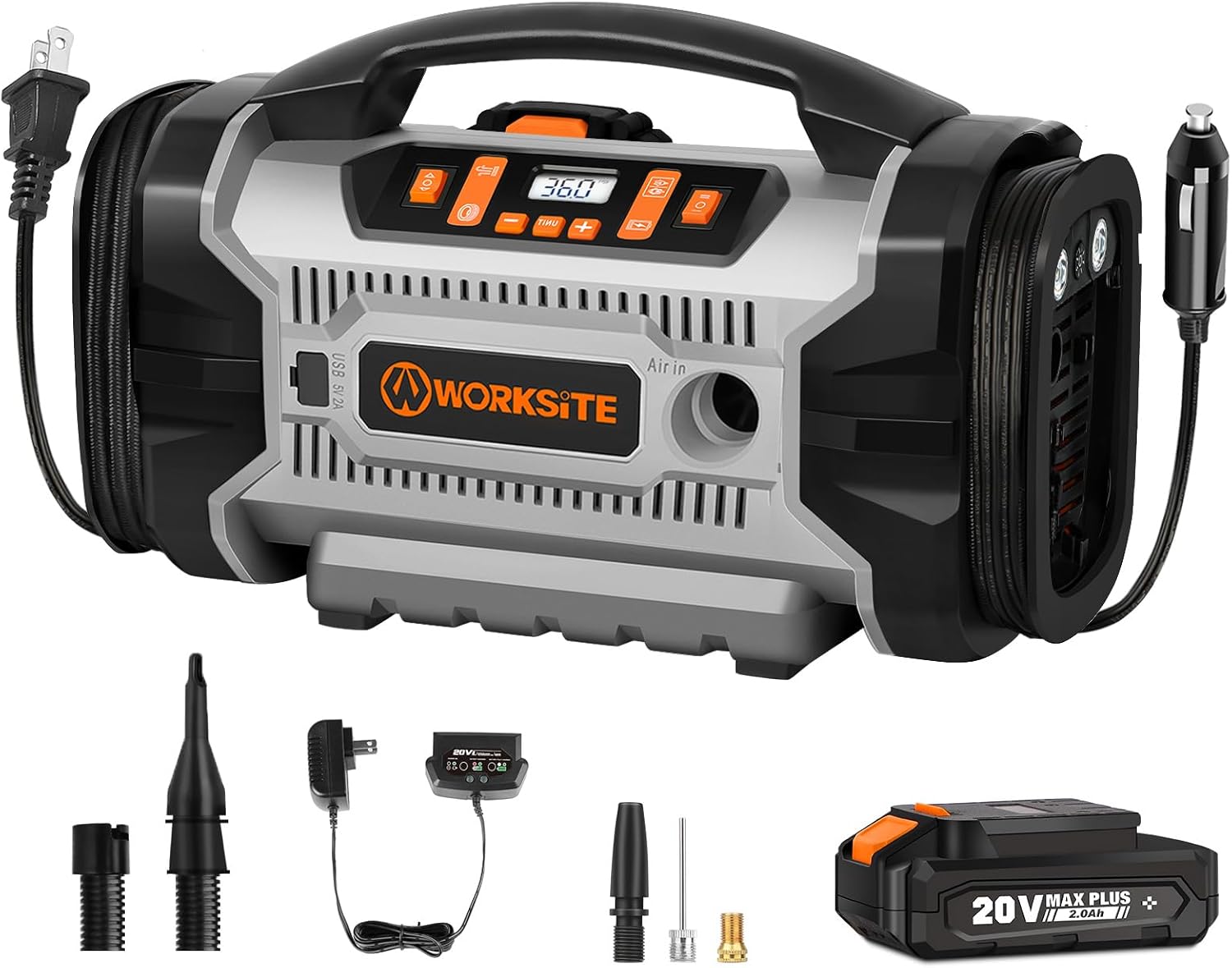 WORKSITE Portable Air Compressor: 160 PSI, 3 Power Supply, Dual Motors